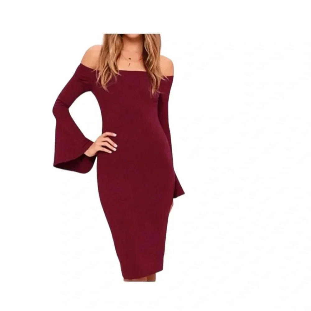 Lulus Burgundy Dress All She Wants Off the shoulder Mini Bell Sleeves S NWT